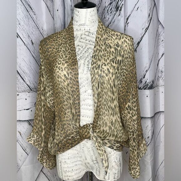Coldwater Creek Sheer Silk Leopard Tie Front Blouse Kimono Top S/M (No Tags) - Picture 3 of 6